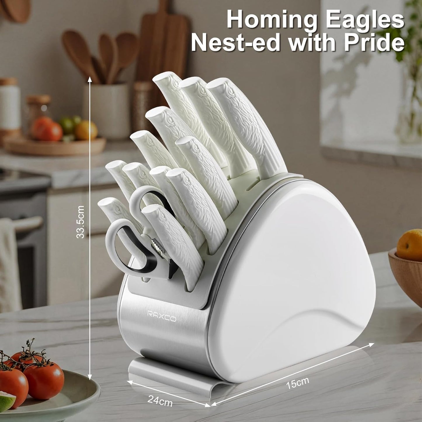 15-Piece Kitchen Knife Set with Block, White | Stainless Steel Blades, Ergonomic Handles. 15-Pc in Modern Block With Built-in Sharpener.