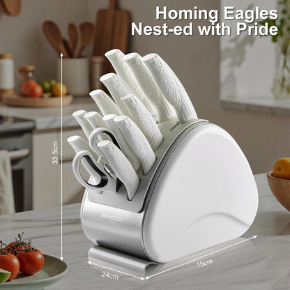15-Piece Kitchen Knife Set with Block, White | Stainless Steel Blades, Ergonomic Handles. 15-Pc in Modern Block With Built-in Sharpener.