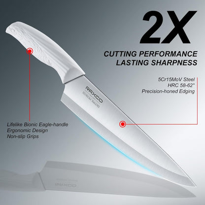 15-Piece Kitchen Knife Set with Block, White | Stainless Steel Blades, Ergonomic Handles. 15-Pc in Modern Block With Built-in Sharpener.