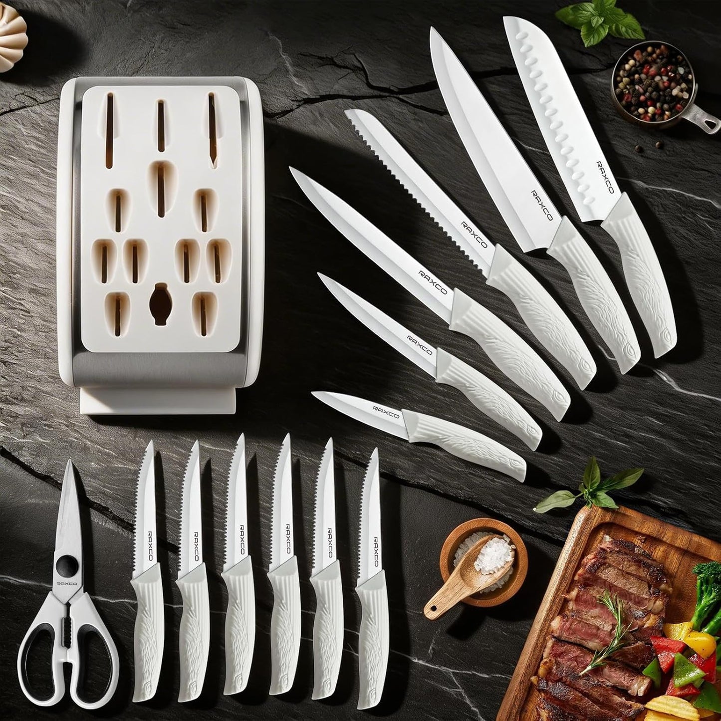 15-Piece Kitchen Knife Set with Block, White | Stainless Steel Blades, Ergonomic Handles. 15-Pc in Modern Block With Built-in Sharpener.