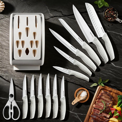 15-Piece Kitchen Knife Set with Block, White | Stainless Steel Blades, Ergonomic Handles. 15-Pc in Modern Block With Built-in Sharpener.