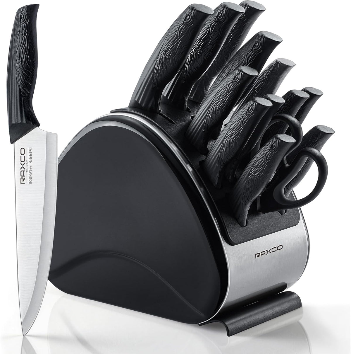 15-Piece Kitchen Knife Set with Block, White | Stainless Steel Blades, Ergonomic Handles. 15-Pc in Modern Block With Built-in Sharpener.