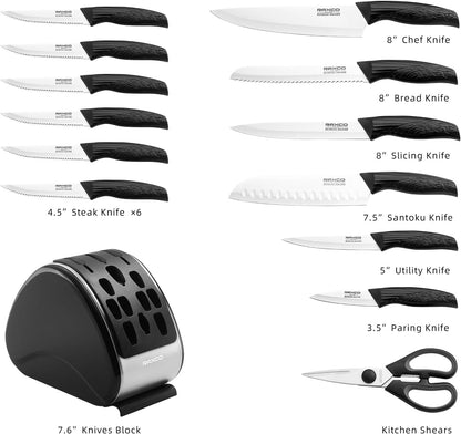 15-Piece Kitchen Knife Set with Block, White | Stainless Steel Blades, Ergonomic Handles. 15-Pc in Modern Block With Built-in Sharpener.