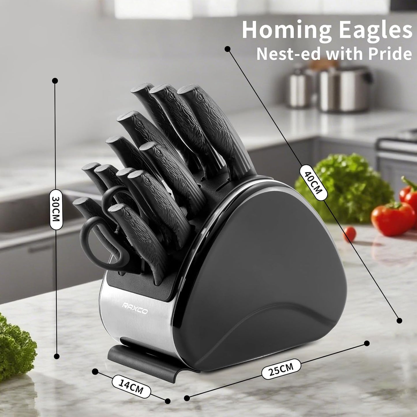 15-Piece Kitchen Knife Set with Block, White | Stainless Steel Blades, Ergonomic Handles. 15-Pc in Modern Block With Built-in Sharpener.