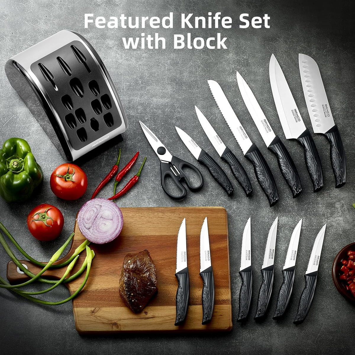 15-Piece Kitchen Knife Set with Block, White | Stainless Steel Blades, Ergonomic Handles. 15-Pc in Modern Block With Built-in Sharpener.