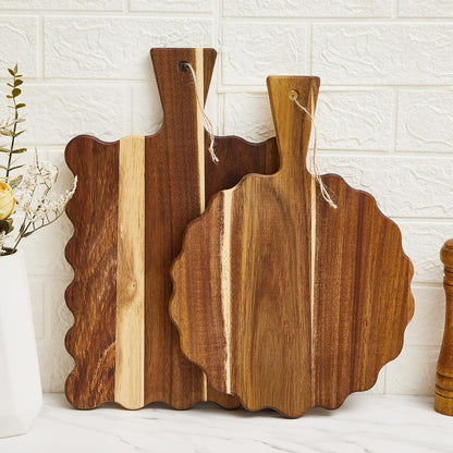 2 Pcs Acacia Wood Scalloped Cutting and Chopping Board with Handle Decorative Cutting Boards for Kitchen Wooden Charcuterie Boards Serving Tray for Cheese Meat Fruit Bread Baking