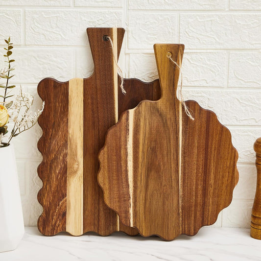 2 Pcs Acacia Wood Scalloped Cutting and Chopping Board with Handle Decorative Cutting Boards for Kitchen Wooden Charcuterie Boards Serving Tray for Cheese Meat Fruit Bread Baking