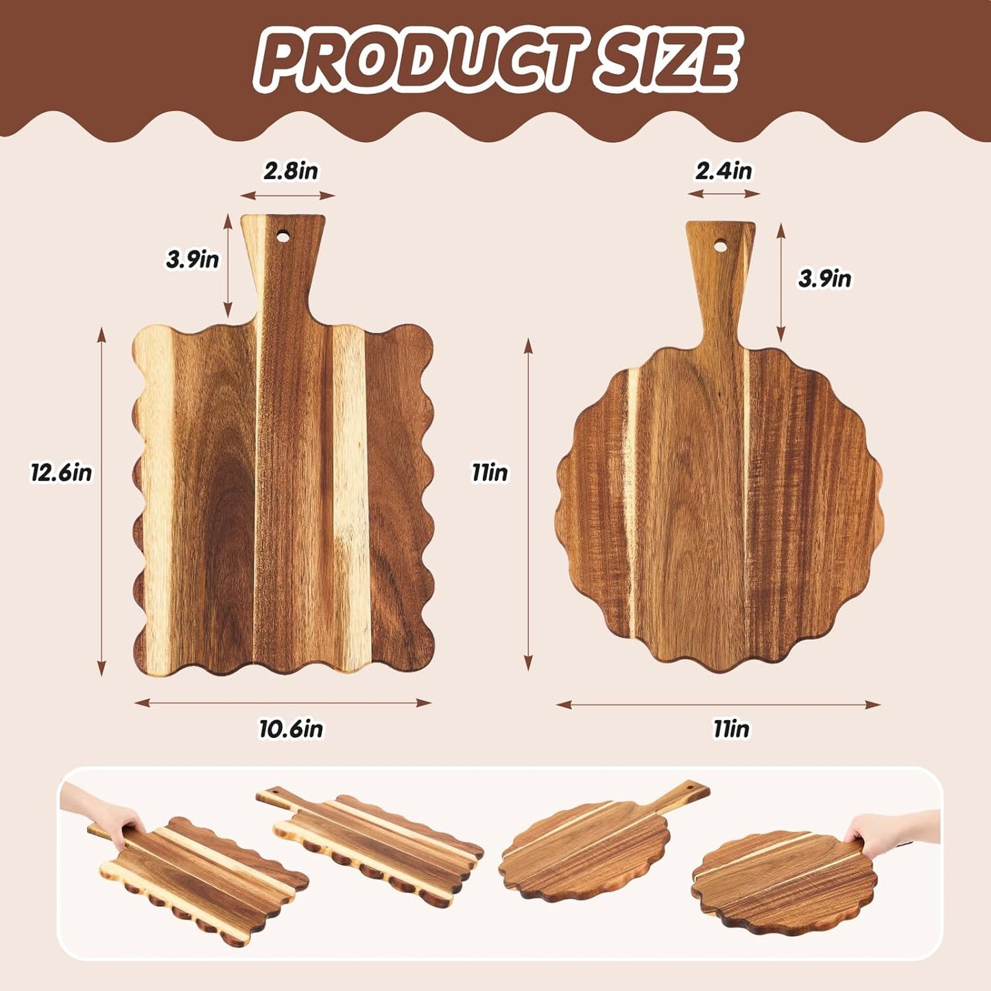 2 Pcs Acacia Wood Scalloped Cutting and Chopping Board with Handle Decorative Cutting Boards for Kitchen Wooden Charcuterie Boards Serving Tray for Cheese Meat Fruit Bread Baking