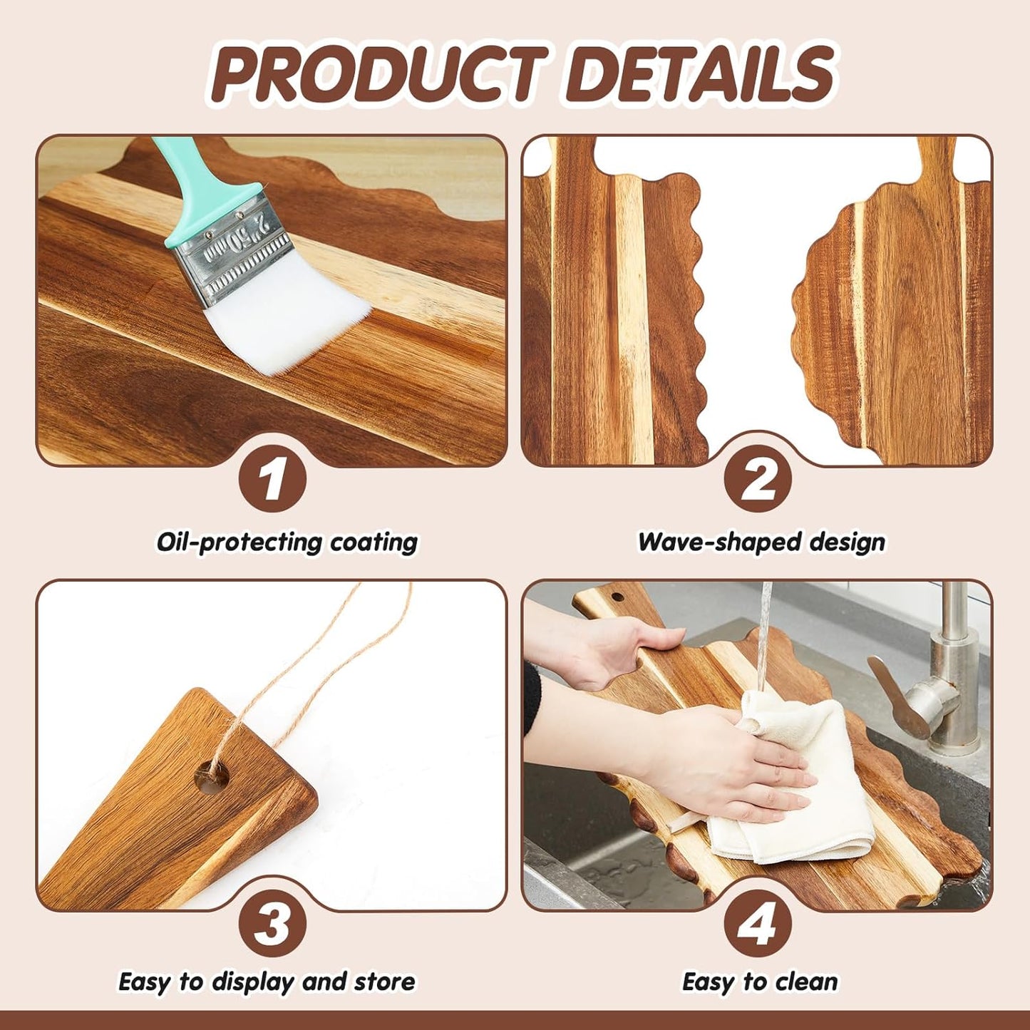 2 Pcs Acacia Wood Scalloped Cutting and Chopping Board with Handle Decorative Cutting Boards for Kitchen Wooden Charcuterie Boards Serving Tray for Cheese Meat Fruit Bread Baking