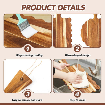 2 Pcs Acacia Wood Scalloped Cutting and Chopping Board with Handle Decorative Cutting Boards for Kitchen Wooden Charcuterie Boards Serving Tray for Cheese Meat Fruit Bread Baking