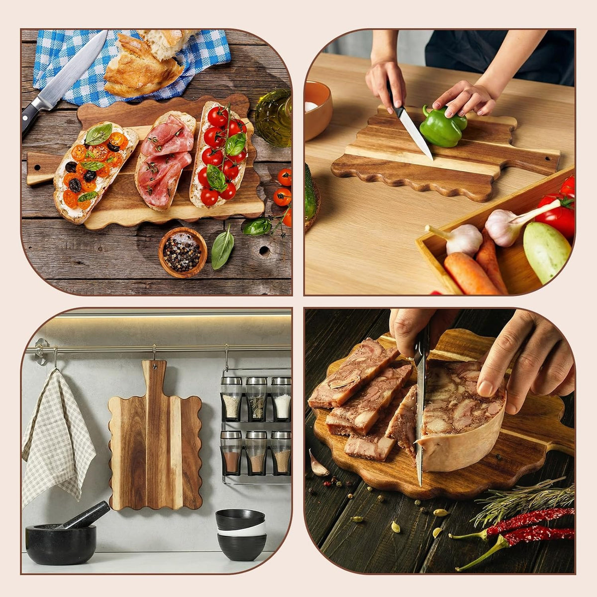 2 Pcs Acacia Wood Scalloped Cutting and Chopping Board with Handle Decorative Cutting Boards for Kitchen Wooden Charcuterie Boards Serving Tray for Cheese Meat Fruit Bread Baking