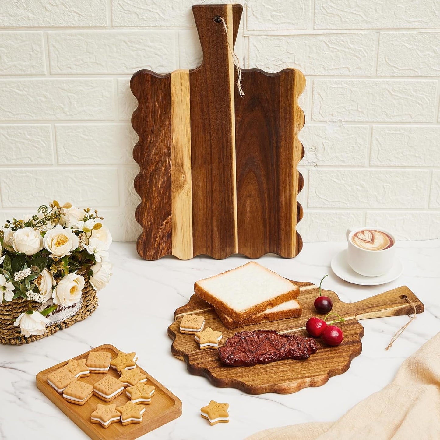 2 Pcs Acacia Wood Scalloped Cutting and Chopping Board with Handle Decorative Cutting Boards for Kitchen Wooden Charcuterie Boards Serving Tray for Cheese Meat Fruit Bread Baking