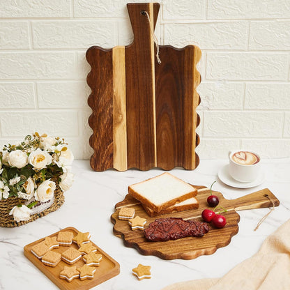 2 Pcs Acacia Wood Scalloped Cutting and Chopping Board with Handle Decorative Cutting Boards for Kitchen Wooden Charcuterie Boards Serving Tray for Cheese Meat Fruit Bread Baking