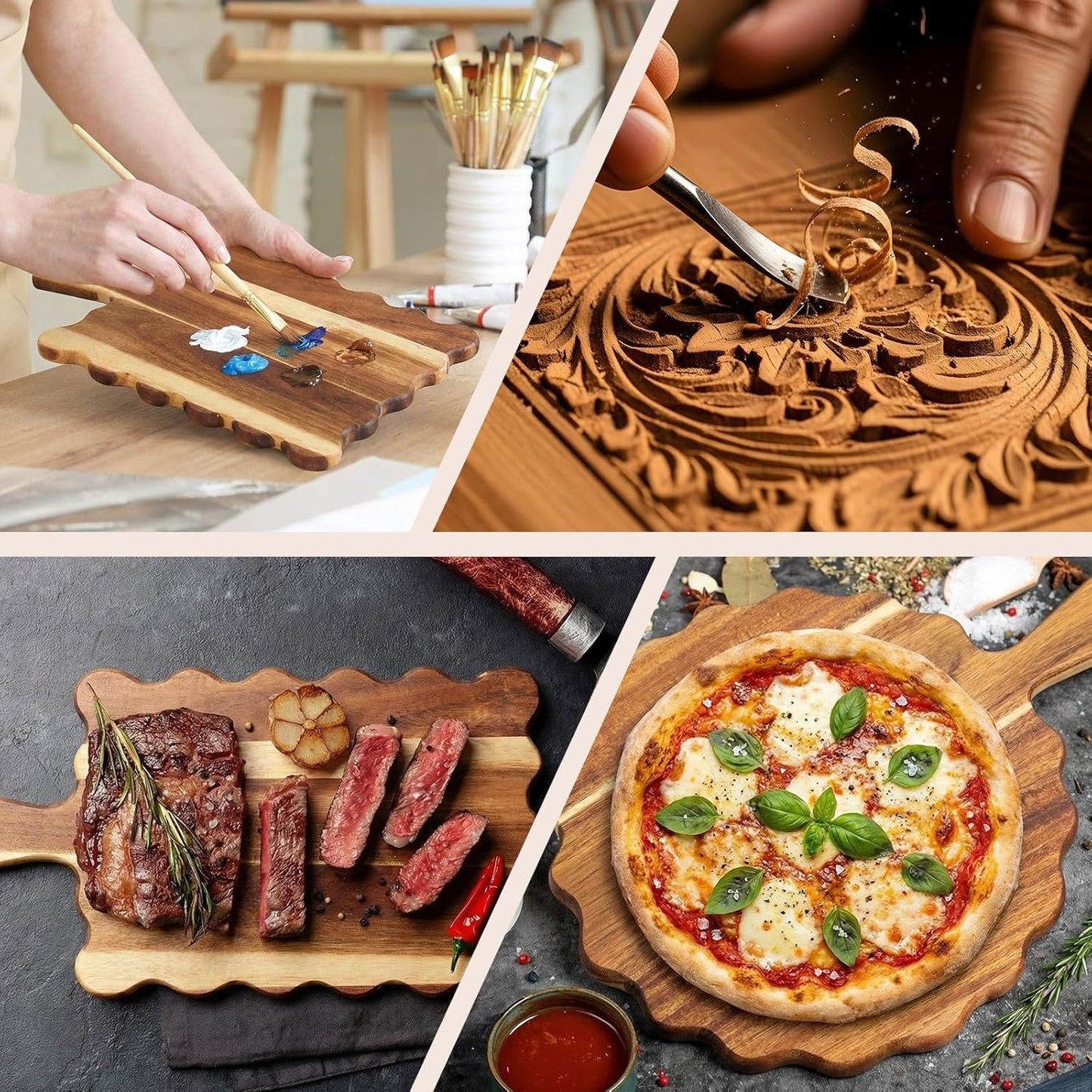2 Pcs Acacia Wood Scalloped Cutting and Chopping Board with Handle Decorative Cutting Boards for Kitchen Wooden Charcuterie Boards Serving Tray for Cheese Meat Fruit Bread Baking
