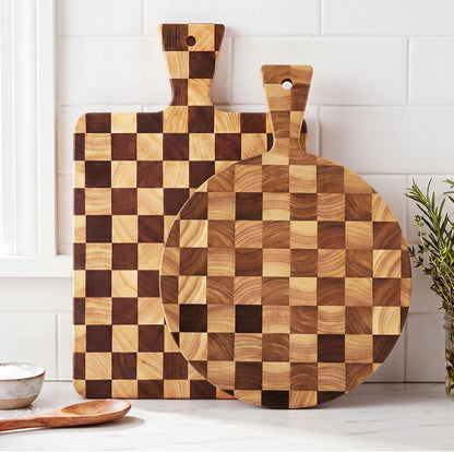 2 Pcs Acacia Wood Scalloped Cutting and Chopping Board with Handle Decorative Cutting Boards for Kitchen Wooden Charcuterie Boards Serving Tray for Cheese Meat Fruit Bread Baking