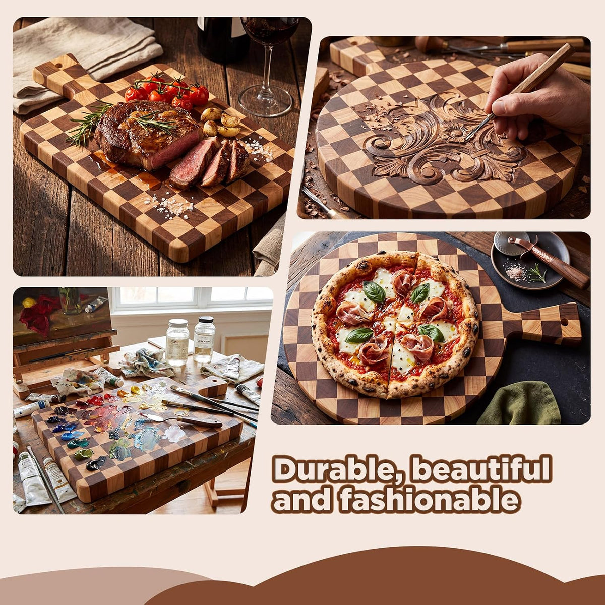 2 Pcs Acacia Wood Scalloped Cutting and Chopping Board with Handle Decorative Cutting Boards for Kitchen Wooden Charcuterie Boards Serving Tray for Cheese Meat Fruit Bread Baking