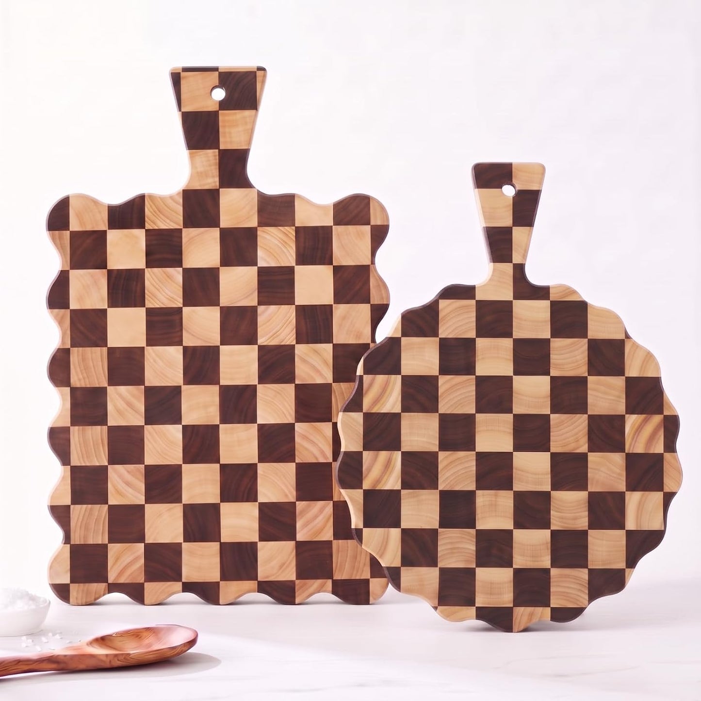 2 Pcs Acacia Wood Scalloped Cutting and Chopping Board with Handle Decorative Cutting Boards for Kitchen Wooden Charcuterie Boards Serving Tray for Cheese Meat Fruit Bread Baking