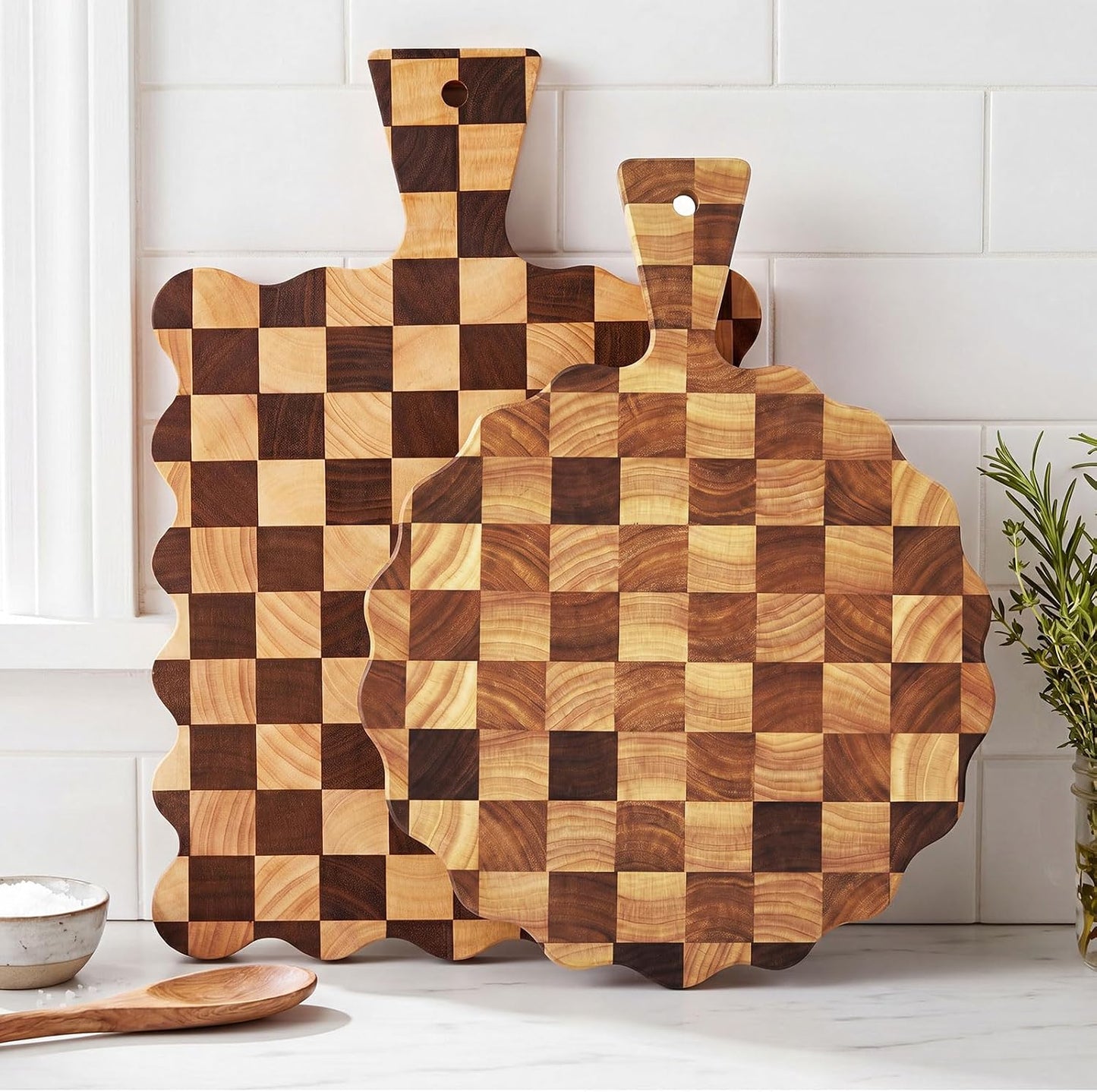 2 Pcs Acacia Wood Scalloped Cutting and Chopping Board with Handle Decorative Cutting Boards for Kitchen Wooden Charcuterie Boards Serving Tray for Cheese Meat Fruit Bread Baking
