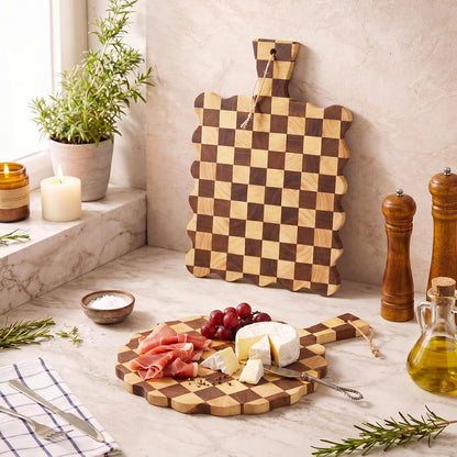 2 Pcs Acacia Wood Scalloped Cutting and Chopping Board with Handle Decorative Cutting Boards for Kitchen Wooden Charcuterie Boards Serving Tray for Cheese Meat Fruit Bread Baking