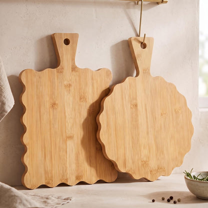 2 Pcs Acacia Wood Scalloped Cutting and Chopping Board with Handle Decorative Cutting Boards for Kitchen Wooden Charcuterie Boards Serving Tray for Cheese Meat Fruit Bread Baking