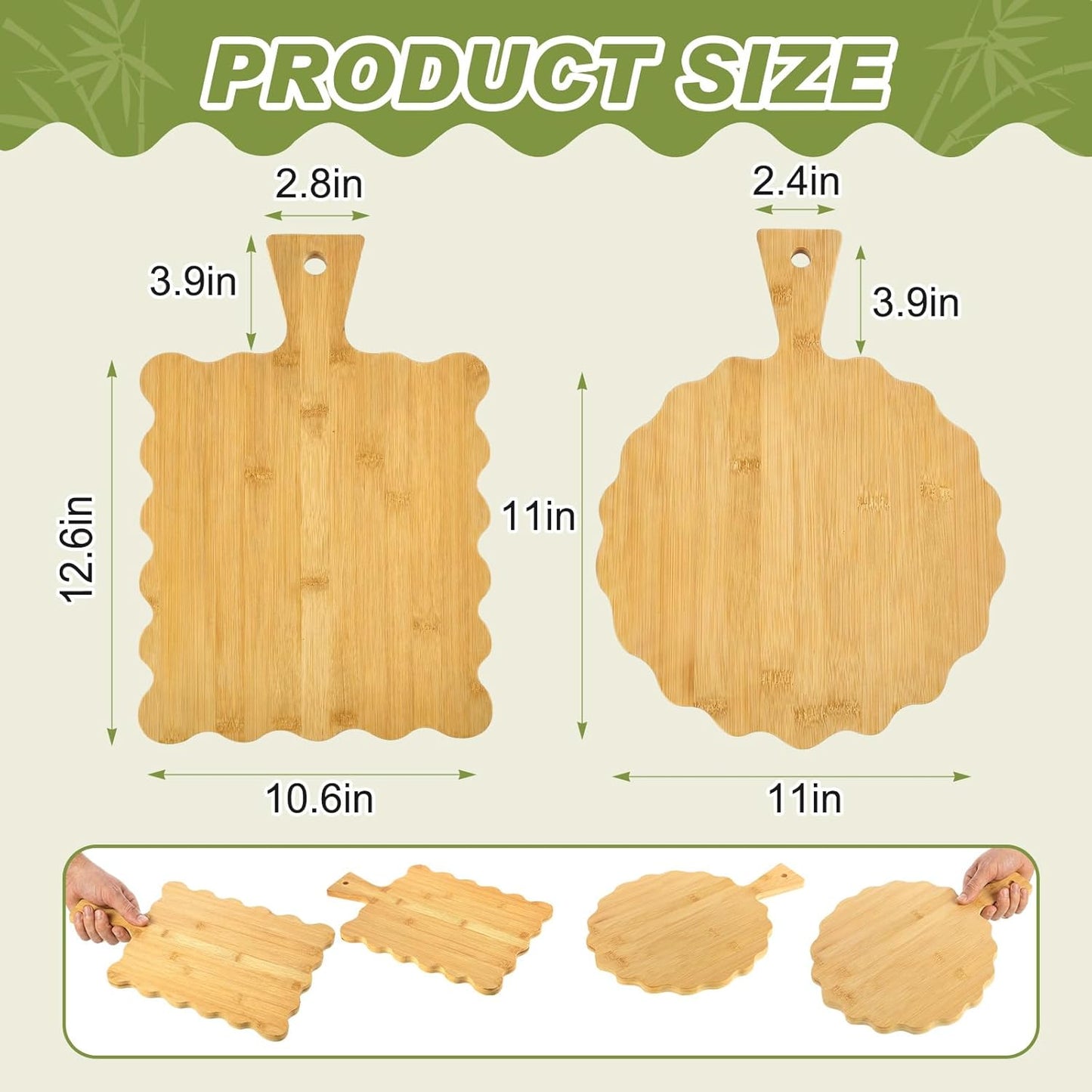 2 Pcs Acacia Wood Scalloped Cutting and Chopping Board with Handle Decorative Cutting Boards for Kitchen Wooden Charcuterie Boards Serving Tray for Cheese Meat Fruit Bread Baking