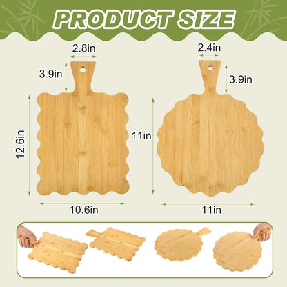 2 Pcs Acacia Wood Scalloped Cutting and Chopping Board with Handle Decorative Cutting Boards for Kitchen Wooden Charcuterie Boards Serving Tray for Cheese Meat Fruit Bread Baking