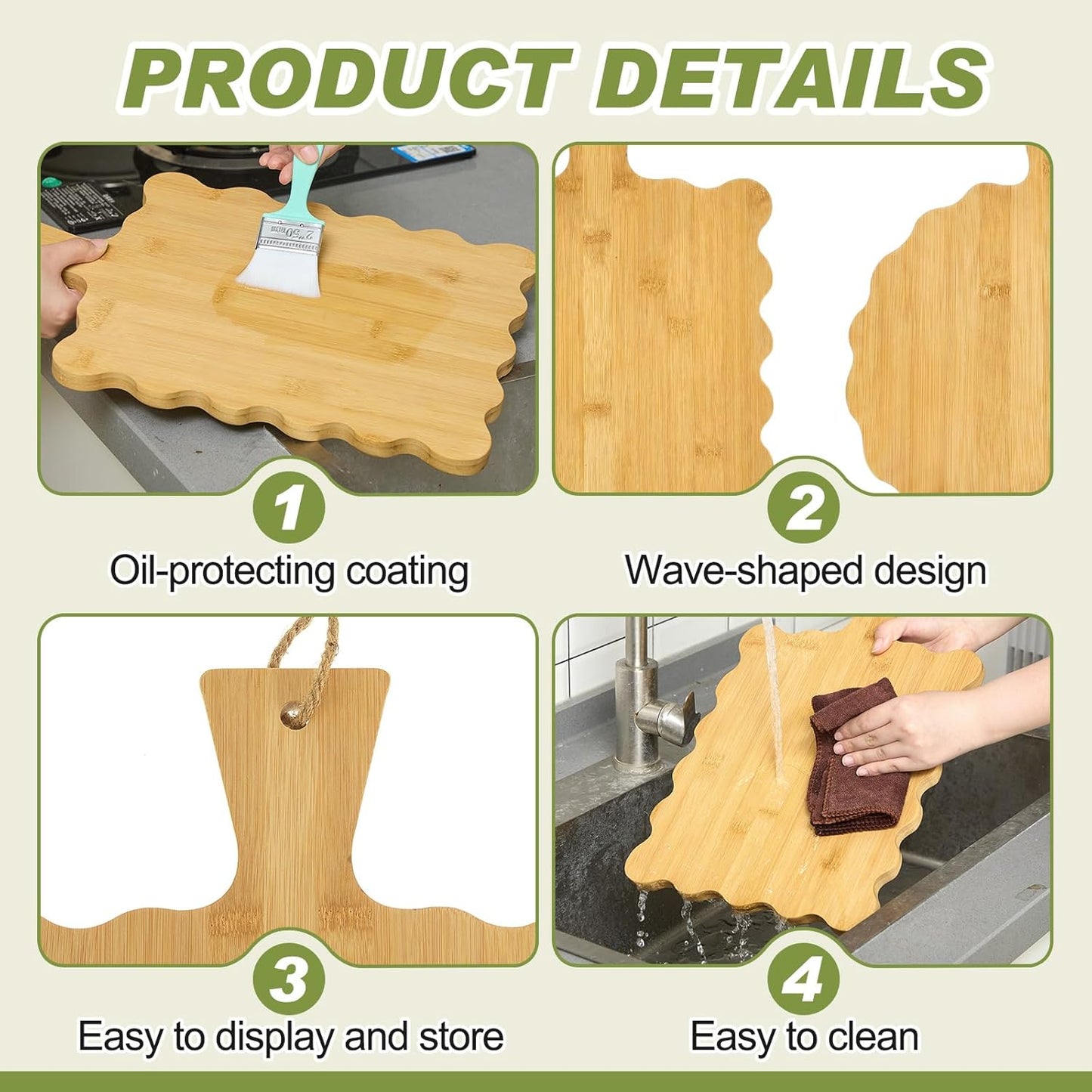 2 Pcs Acacia Wood Scalloped Cutting and Chopping Board with Handle Decorative Cutting Boards for Kitchen Wooden Charcuterie Boards Serving Tray for Cheese Meat Fruit Bread Baking