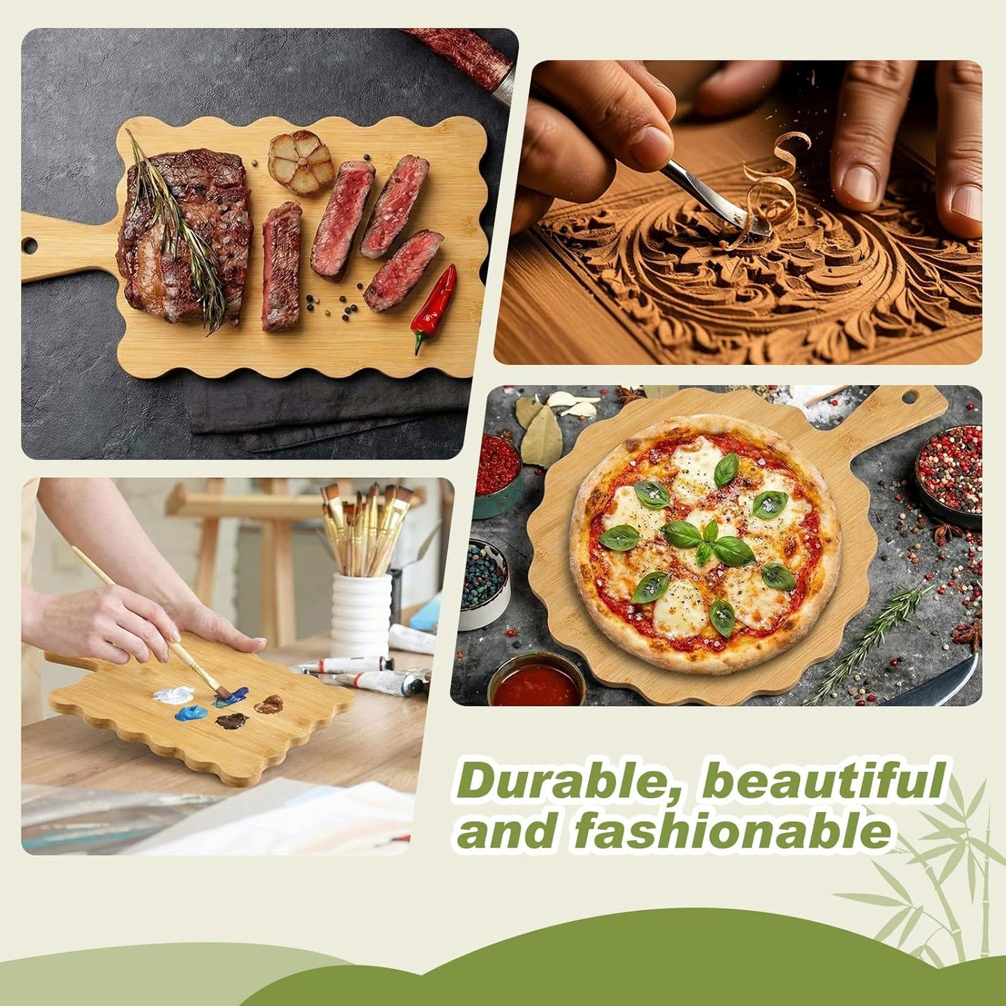 2 Pcs Acacia Wood Scalloped Cutting and Chopping Board with Handle Decorative Cutting Boards for Kitchen Wooden Charcuterie Boards Serving Tray for Cheese Meat Fruit Bread Baking