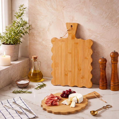 2 Pcs Acacia Wood Scalloped Cutting and Chopping Board with Handle Decorative Cutting Boards for Kitchen Wooden Charcuterie Boards Serving Tray for Cheese Meat Fruit Bread Baking