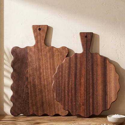 2 Pcs Acacia Wood Scalloped Cutting and Chopping Board with Handle Decorative Cutting Boards for Kitchen Wooden Charcuterie Boards Serving Tray for Cheese Meat Fruit Bread Baking