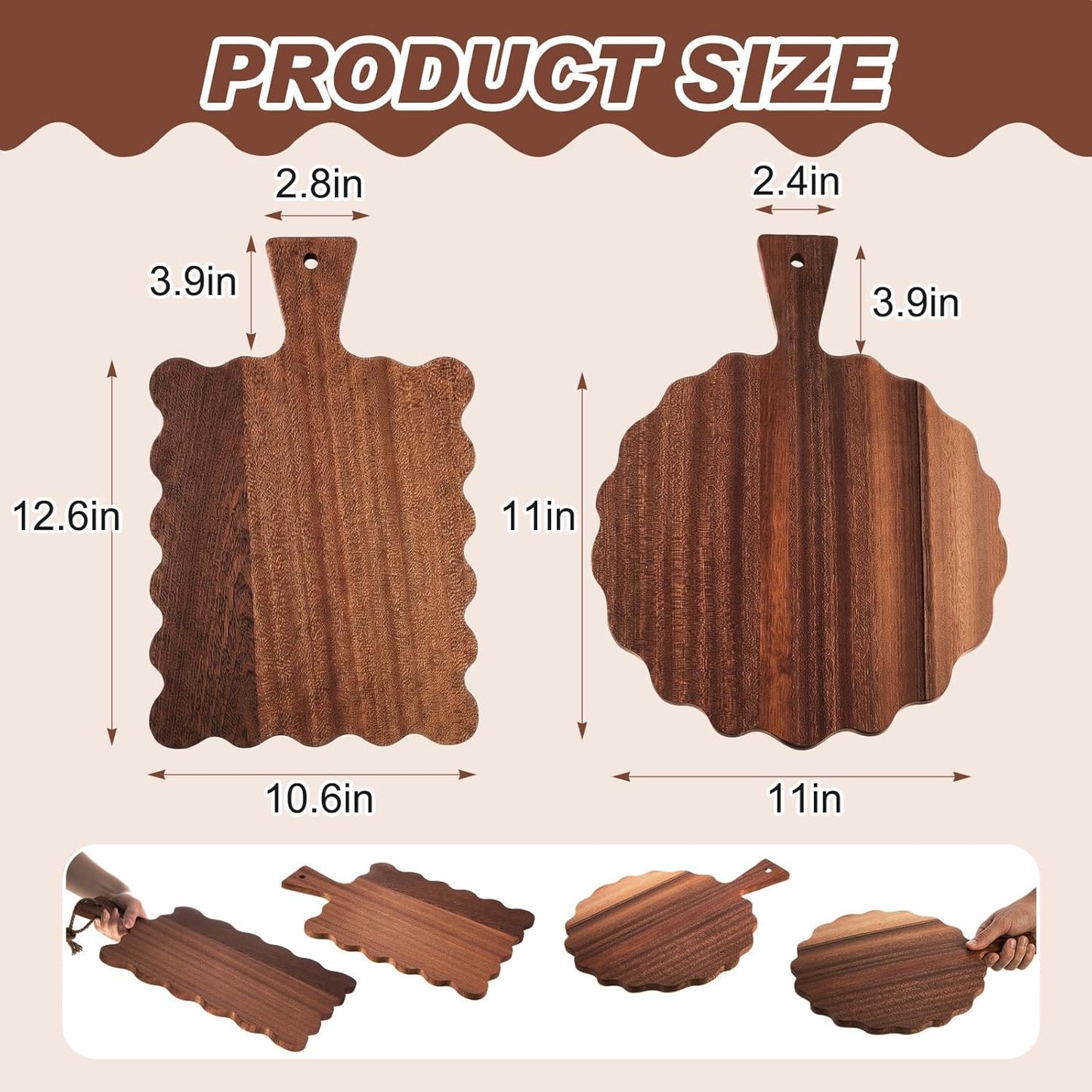 2 Pcs Acacia Wood Scalloped Cutting and Chopping Board with Handle Decorative Cutting Boards for Kitchen Wooden Charcuterie Boards Serving Tray for Cheese Meat Fruit Bread Baking