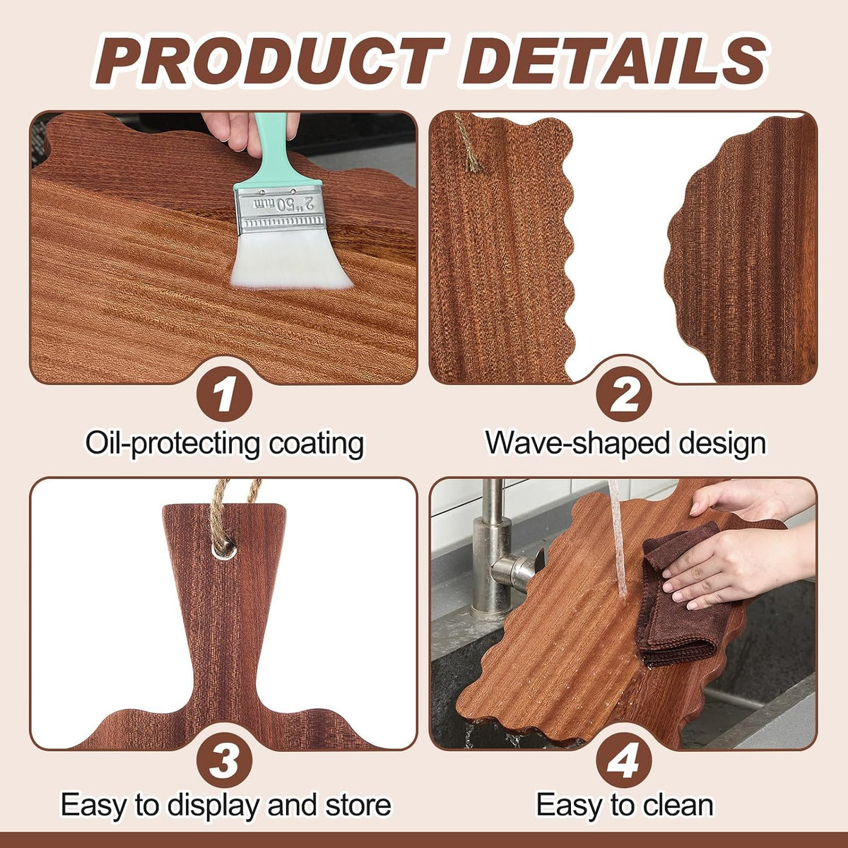 2 Pcs Acacia Wood Scalloped Cutting and Chopping Board with Handle Decorative Cutting Boards for Kitchen Wooden Charcuterie Boards Serving Tray for Cheese Meat Fruit Bread Baking