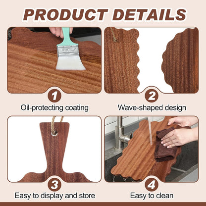 2 Pcs Acacia Wood Scalloped Cutting and Chopping Board with Handle Decorative Cutting Boards for Kitchen Wooden Charcuterie Boards Serving Tray for Cheese Meat Fruit Bread Baking