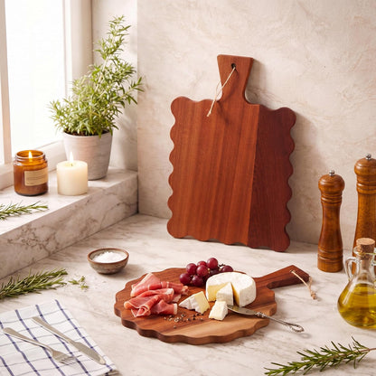 2 Pcs Acacia Wood Scalloped Cutting and Chopping Board with Handle Decorative Cutting Boards for Kitchen Wooden Charcuterie Boards Serving Tray for Cheese Meat Fruit Bread Baking