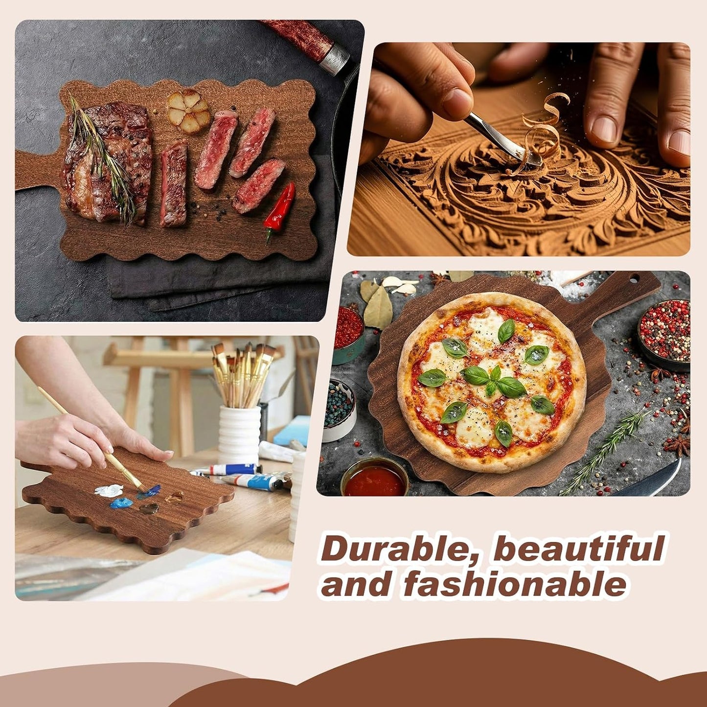 2 Pcs Acacia Wood Scalloped Cutting and Chopping Board with Handle Decorative Cutting Boards for Kitchen Wooden Charcuterie Boards Serving Tray for Cheese Meat Fruit Bread Baking