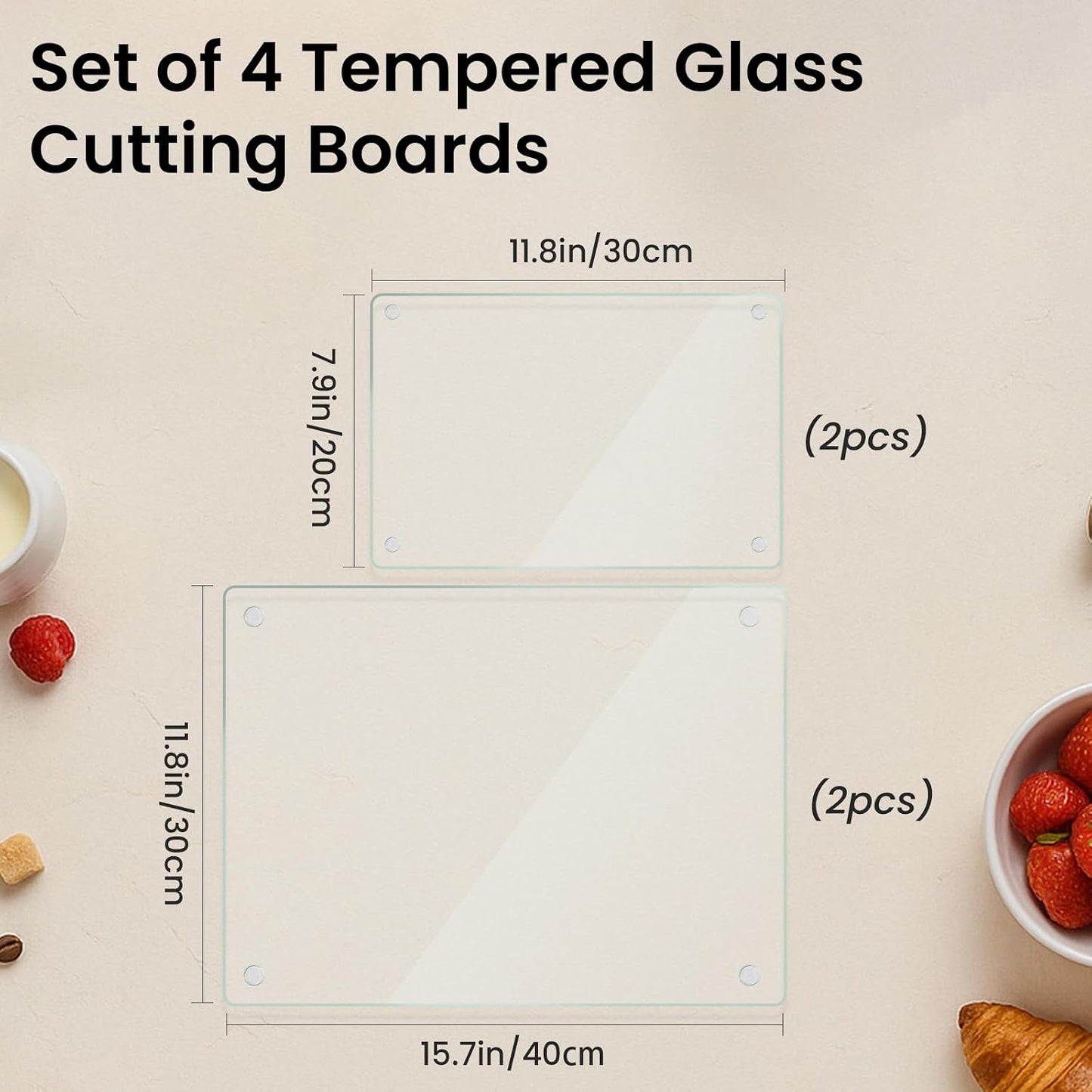 Tempered Glass Cutting Board,Set of Glass Cutting Board for Kitchen Counter,Clear Glass,with Non-Slip Feet, Scratch Resistant,Heat Resistant, 12x16&12x8 inch 2PCS,Easy to Clean
