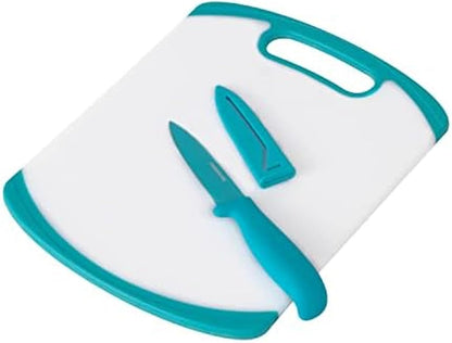 2-Piece Paring Knife and Cutting Board Set, 3.5-Inch Paring Knife with Resin Coating and Custom-Fit Blade Cover and Non-Slip Plastic Chopping Board, Dishwasher-Safe Set, White/Blue