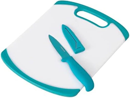 2-Piece Paring Knife and Cutting Board Set, 3.5-Inch Paring Knife with Resin Coating and Custom-Fit Blade Cover and Non-Slip Plastic Chopping Board, Dishwasher-Safe Set, White/Blue