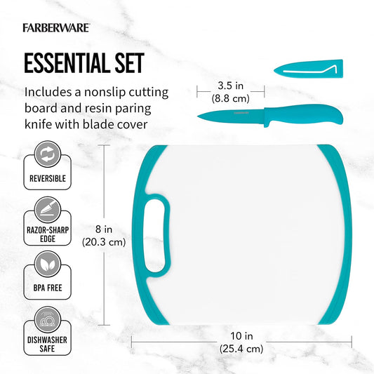 2-Piece Paring Knife and Cutting Board Set, 3.5-Inch Paring Knife with Resin Coating and Custom-Fit Blade Cover and Non-Slip Plastic Chopping Board, Dishwasher-Safe Set, White/Blue