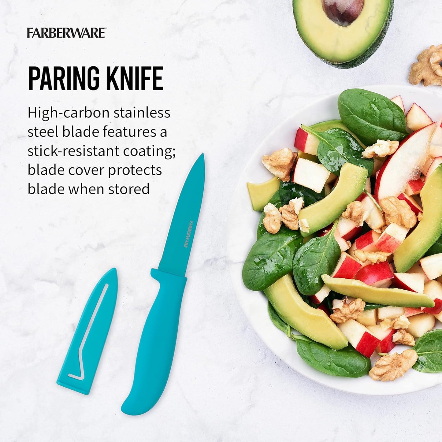 2-Piece Paring Knife and Cutting Board Set, 3.5-Inch Paring Knife with Resin Coating and Custom-Fit Blade Cover and Non-Slip Plastic Chopping Board, Dishwasher-Safe Set, White/Blue