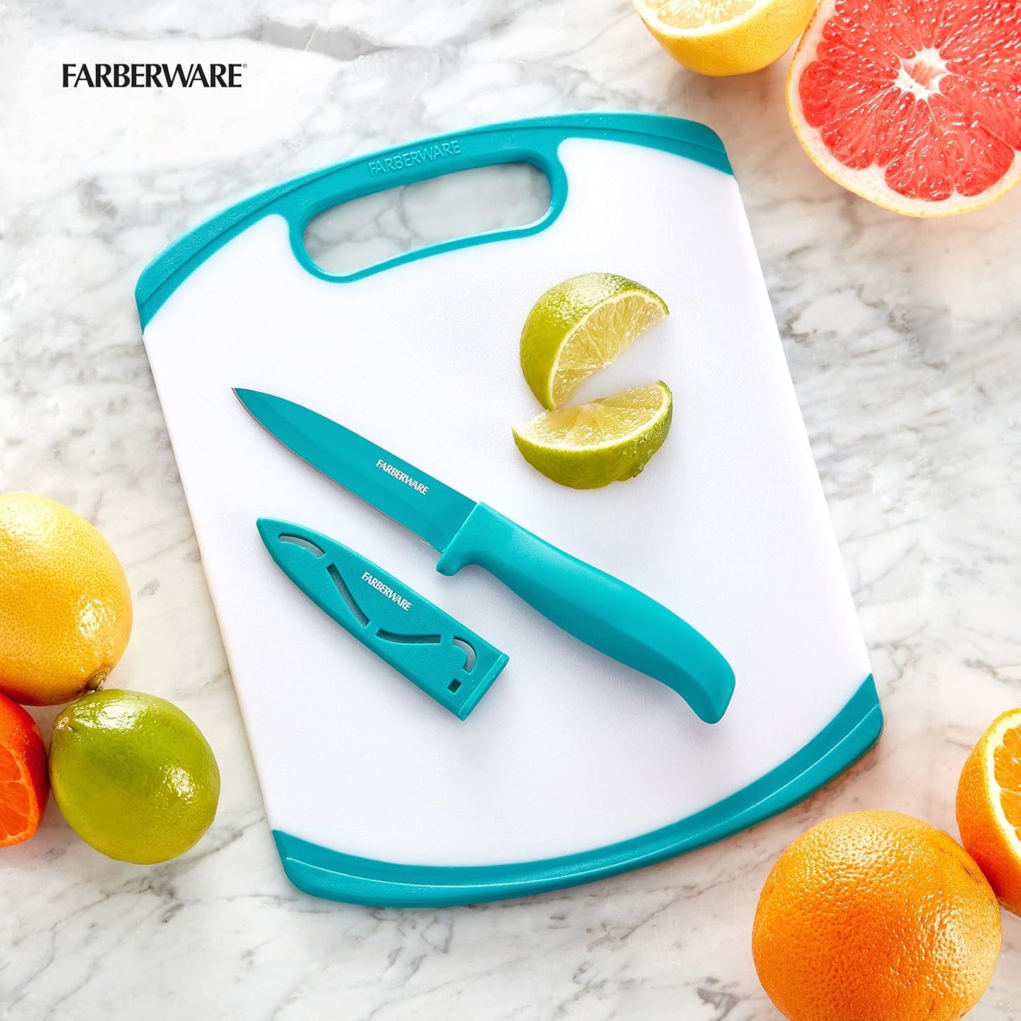 2-Piece Paring Knife and Cutting Board Set, 3.5-Inch Paring Knife with Resin Coating and Custom-Fit Blade Cover and Non-Slip Plastic Chopping Board, Dishwasher-Safe Set, White/Blue