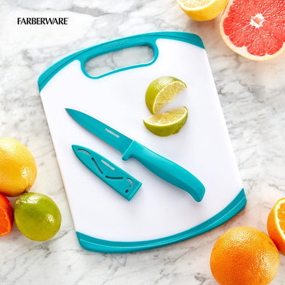 2-Piece Paring Knife and Cutting Board Set, 3.5-Inch Paring Knife with Resin Coating and Custom-Fit Blade Cover and Non-Slip Plastic Chopping Board, Dishwasher-Safe Set, White/Blue