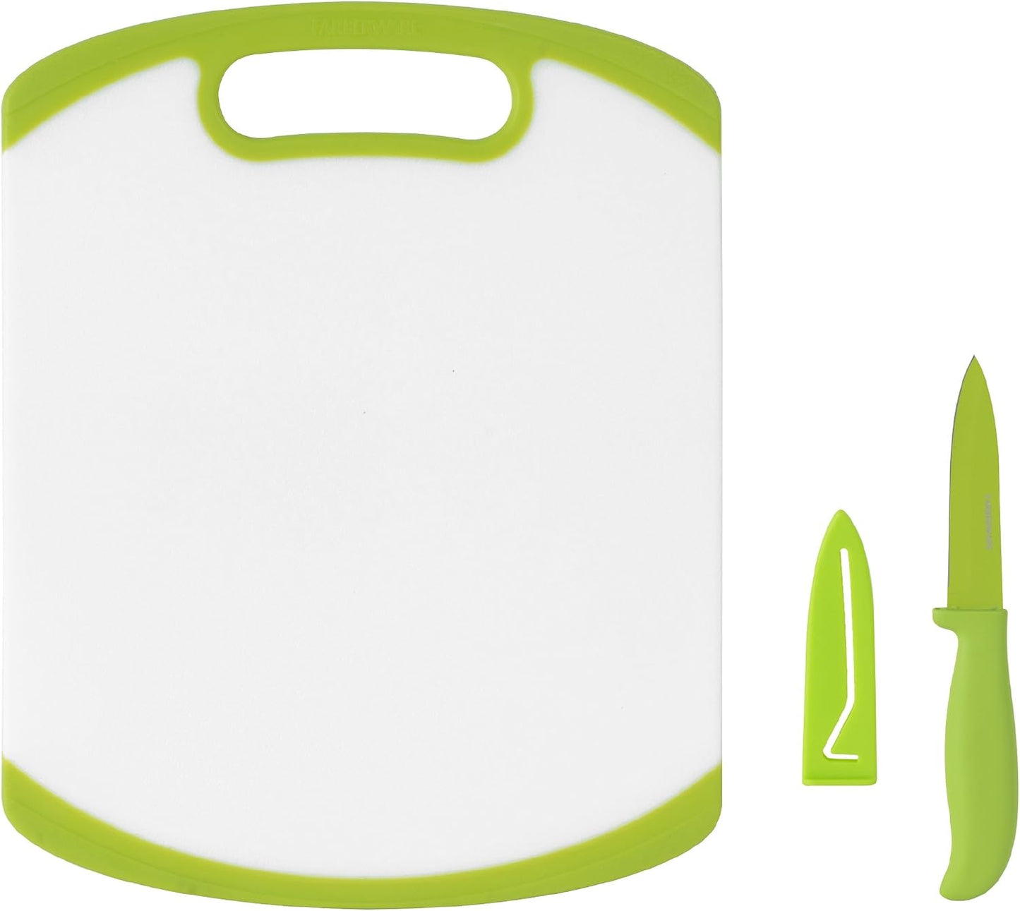 2-Piece Paring Knife and Cutting Board Set, 3.5-Inch Paring Knife with Resin Coating and Custom-Fit Blade Cover and Non-Slip Plastic Chopping Board, Dishwasher-Safe Set, White/Blue