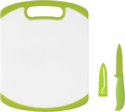 2-Piece Paring Knife and Cutting Board Set, 3.5-Inch Paring Knife with Resin Coating and Custom-Fit Blade Cover and Non-Slip Plastic Chopping Board, Dishwasher-Safe Set, White/Blue