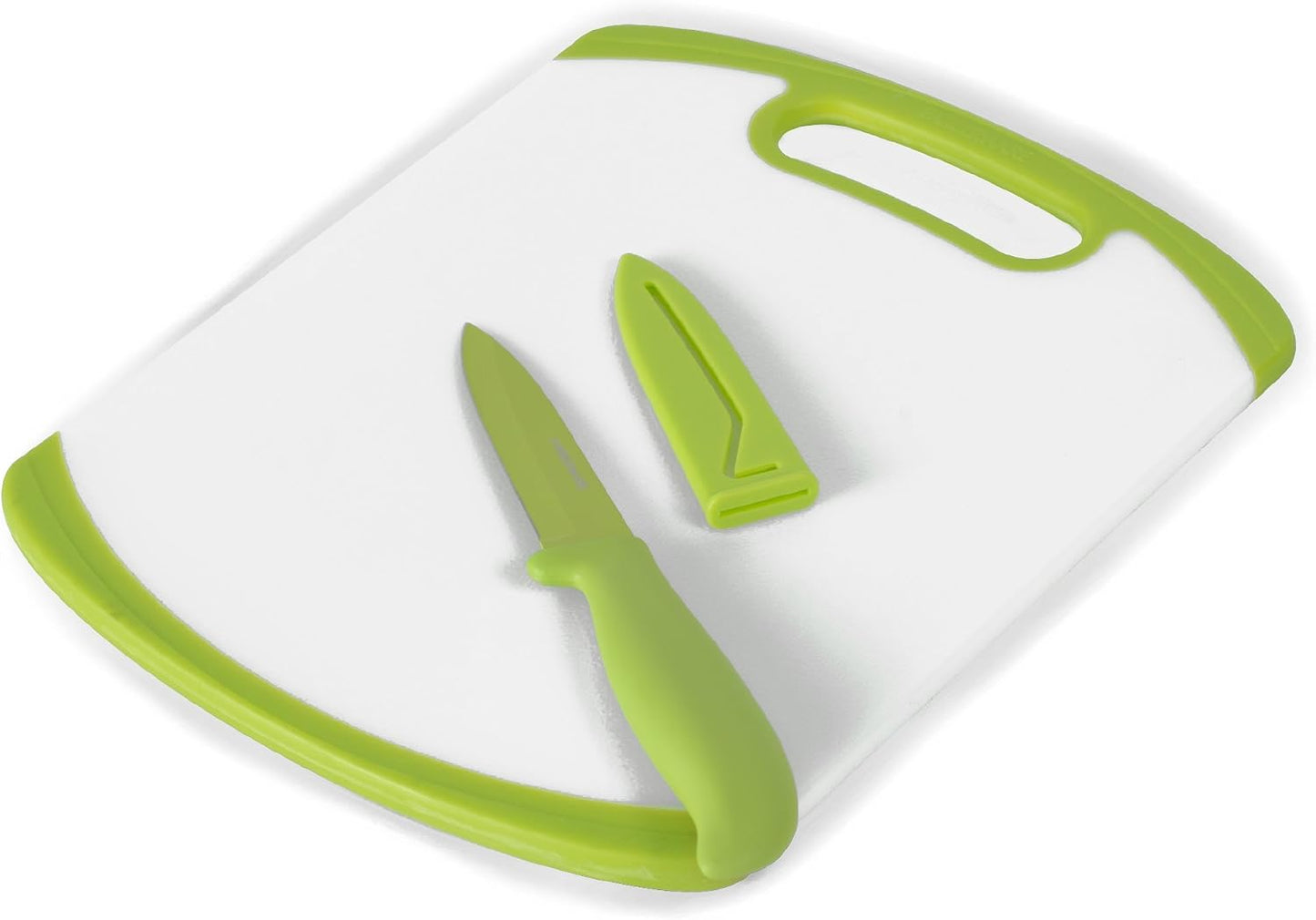 2-Piece Paring Knife and Cutting Board Set, 3.5-Inch Paring Knife with Resin Coating and Custom-Fit Blade Cover and Non-Slip Plastic Chopping Board, Dishwasher-Safe Set, White/Blue