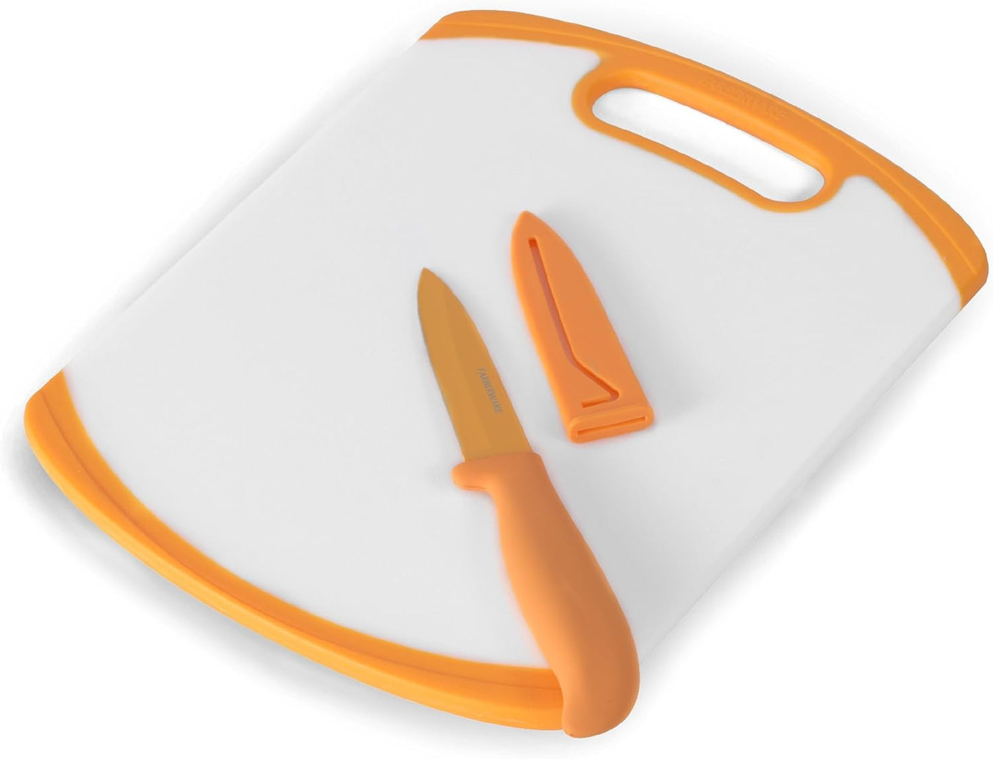2-Piece Paring Knife and Cutting Board Set, 3.5-Inch Paring Knife with Resin Coating and Custom-Fit Blade Cover and Non-Slip Plastic Chopping Board, Dishwasher-Safe Set, White/Blue