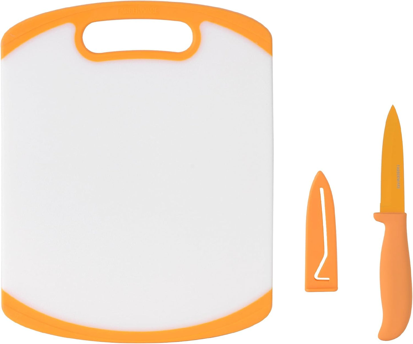 2-Piece Paring Knife and Cutting Board Set, 3.5-Inch Paring Knife with Resin Coating and Custom-Fit Blade Cover and Non-Slip Plastic Chopping Board, Dishwasher-Safe Set, White/Blue