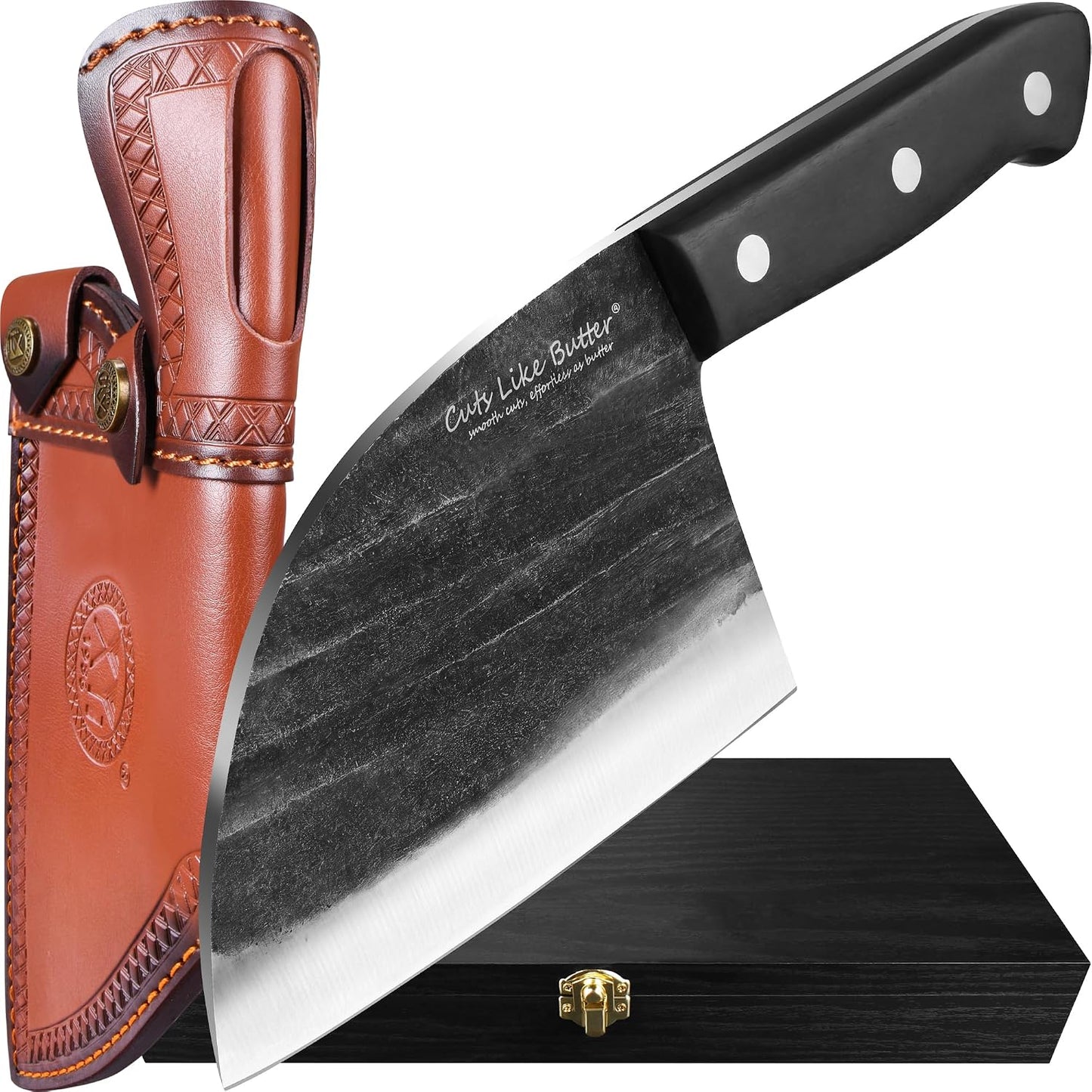 6 Inch Japanese Chef Knife with Leather Sheath, Wooden Gift Box, Full Tang High Carbon Steel Meat Cleaver Butcher Knife for Kitchen Outdoor, Gifts for Women Men Christmas Birthday