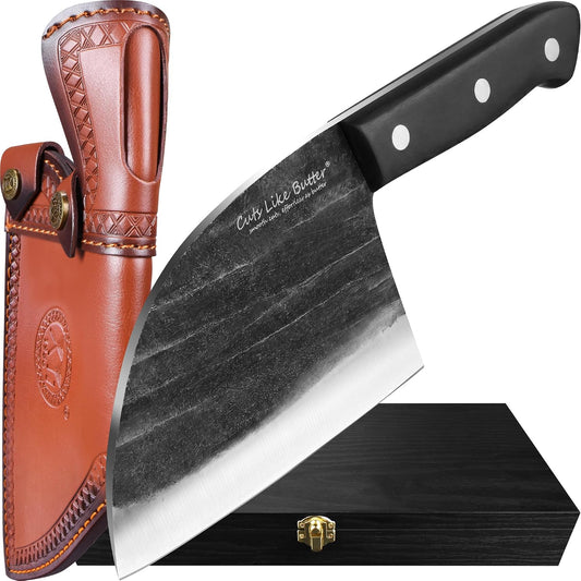 6 Inch Japanese Chef Knife with Leather Sheath, Wooden Gift Box, Full Tang High Carbon Steel Meat Cleaver Butcher Knife for Kitchen Outdoor, Gifts for Women Men Christmas Birthday