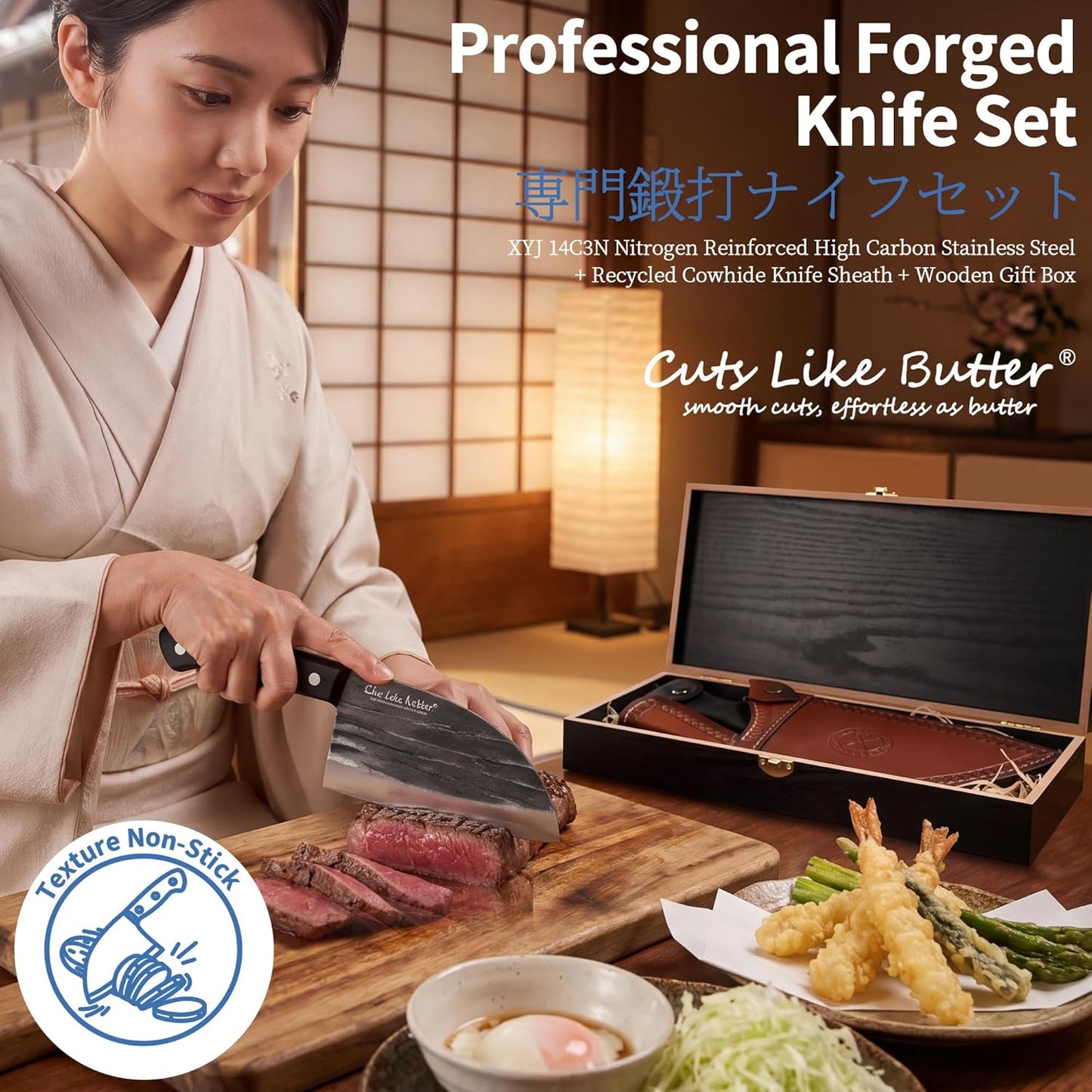 6 Inch Japanese Chef Knife with Leather Sheath, Wooden Gift Box, Full Tang High Carbon Steel Meat Cleaver Butcher Knife for Kitchen Outdoor, Gifts for Women Men Christmas Birthday
